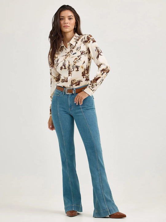 Ladies Wrangler Bold Bucking Cowboy Western Snap Shirt - 112367229