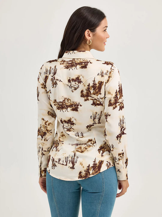 Ladies Wrangler Bold Bucking Cowboy Western Snap Shirt - 112367229