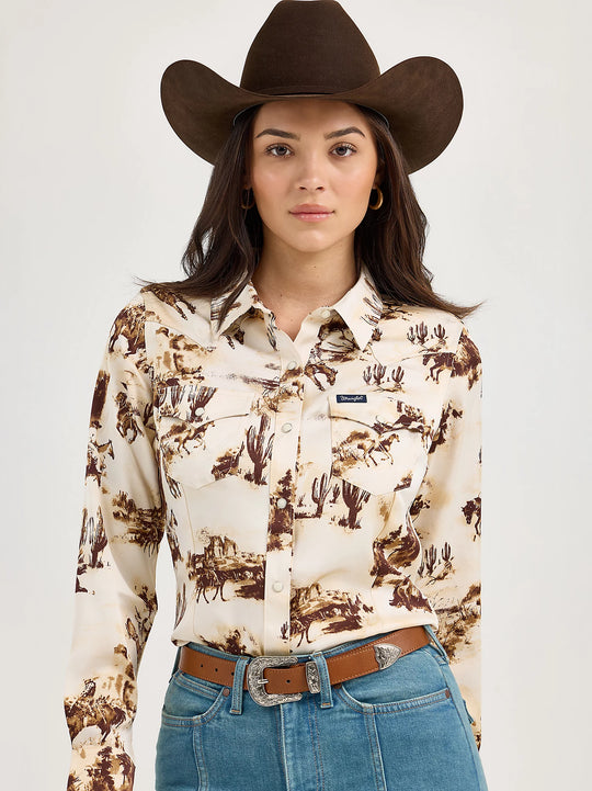 Ladies Wrangler Bold Bucking Cowboy Western Snap Shirt - 112367229