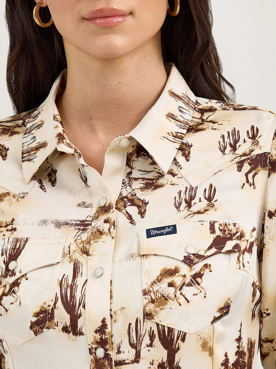 Ladies Wrangler Bold Bucking Cowboy Western Snap Shirt - 112367229