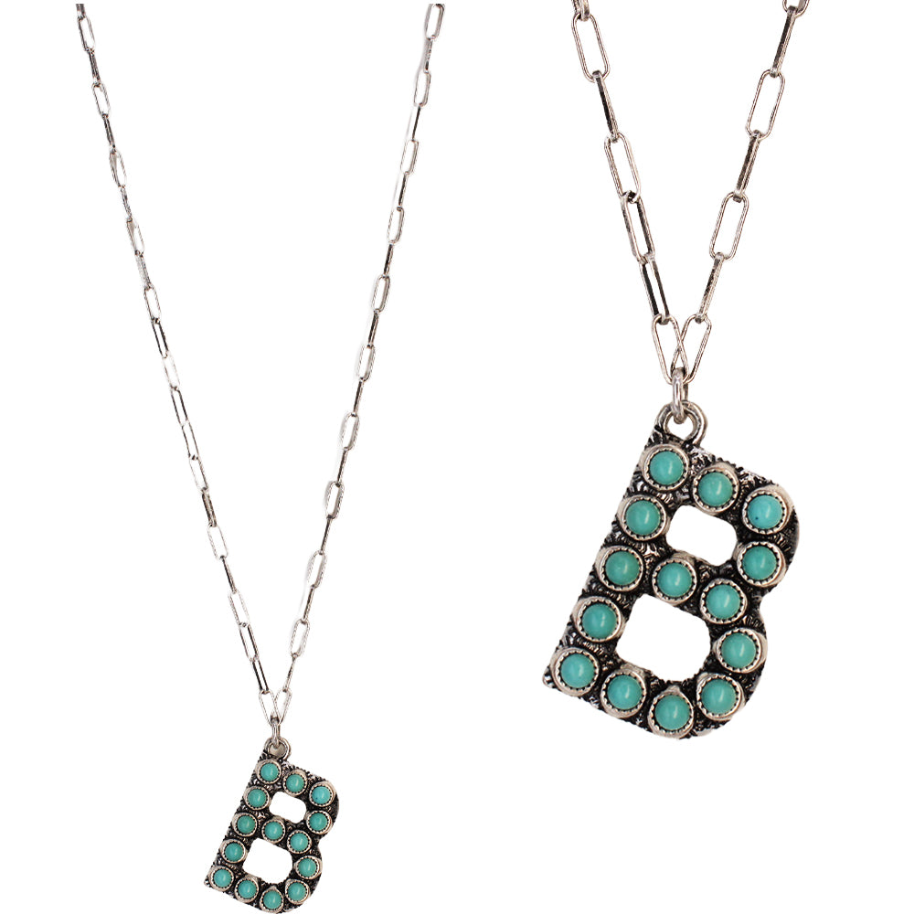 Turquoise Stone Initial "B" Pendant & Link Chain Necklace