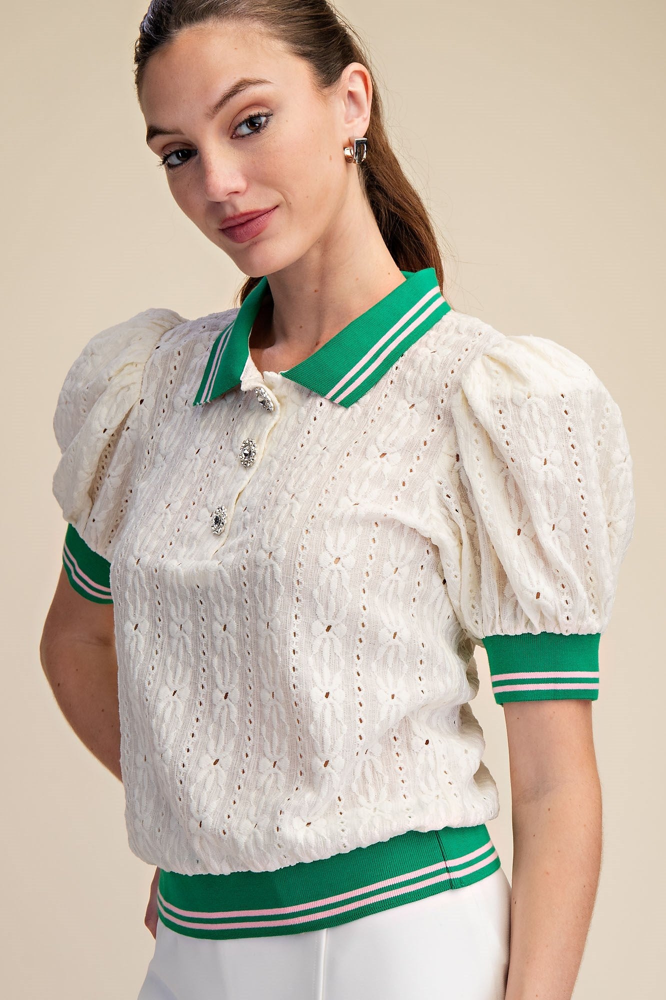 トップス Puffsleeve Knit Tops Ladies Glam Puff-Sleeve Lace Knit Top - GT8872 – Nigro's Western
