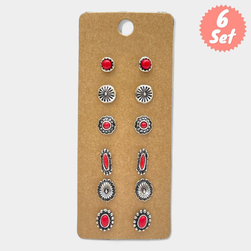 Set of 6 Western Metal Concho Red Stone Post Earrings - F