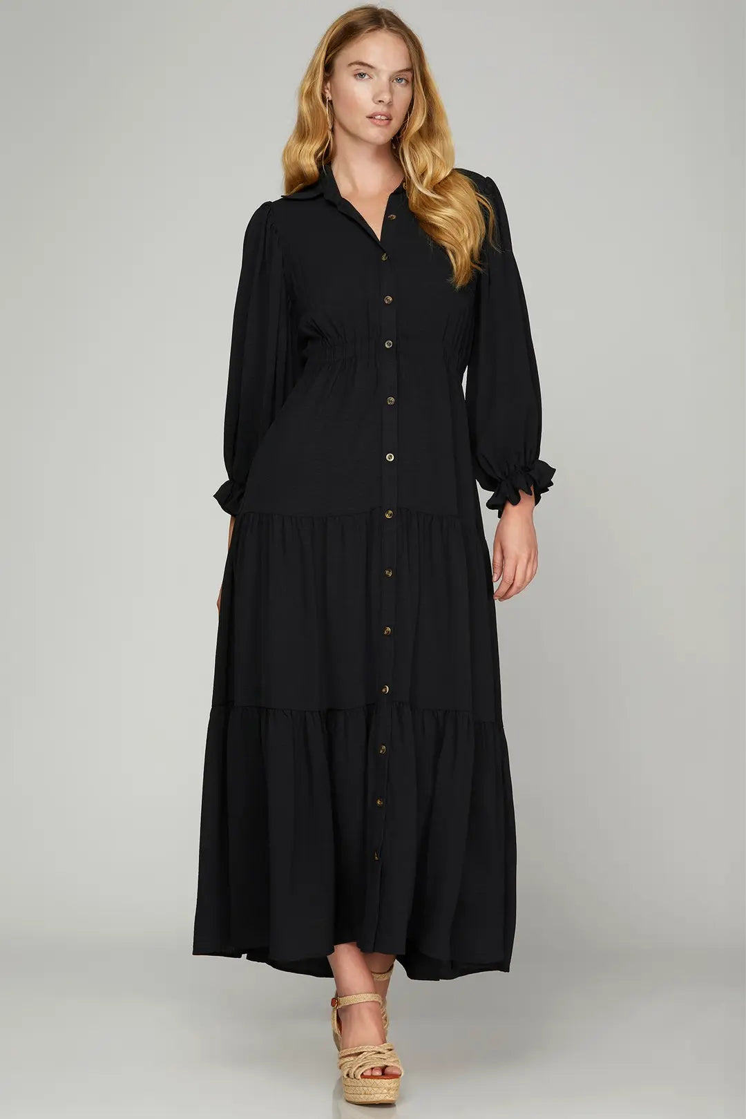 Ladies She + Sky Puff Sleeved Tiered Black Dress - SY7543 Ladies She + Sky Puff Sleeved Tiered Black Dress - SY7543
