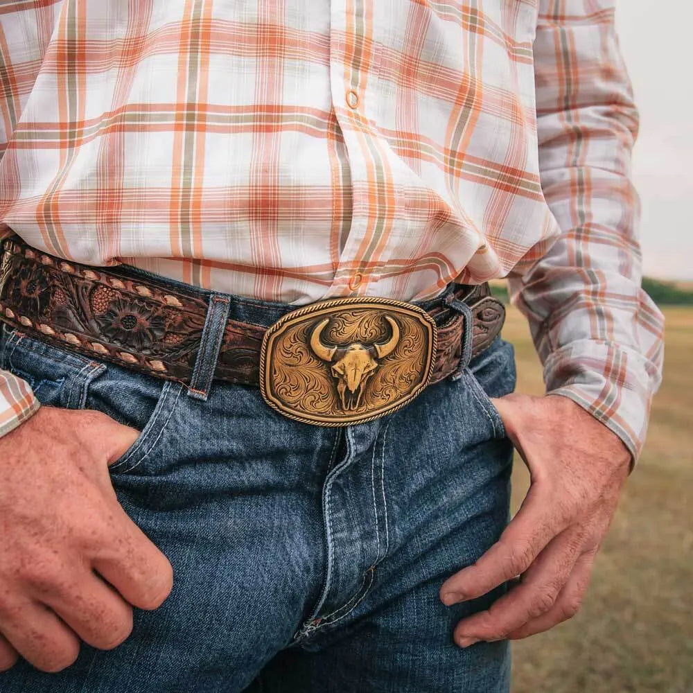 Montana Silversmiths Buckle On Brown Belt Dark Brown Bison Leather Buckle Belt | Montana Silversmiths main image 2
