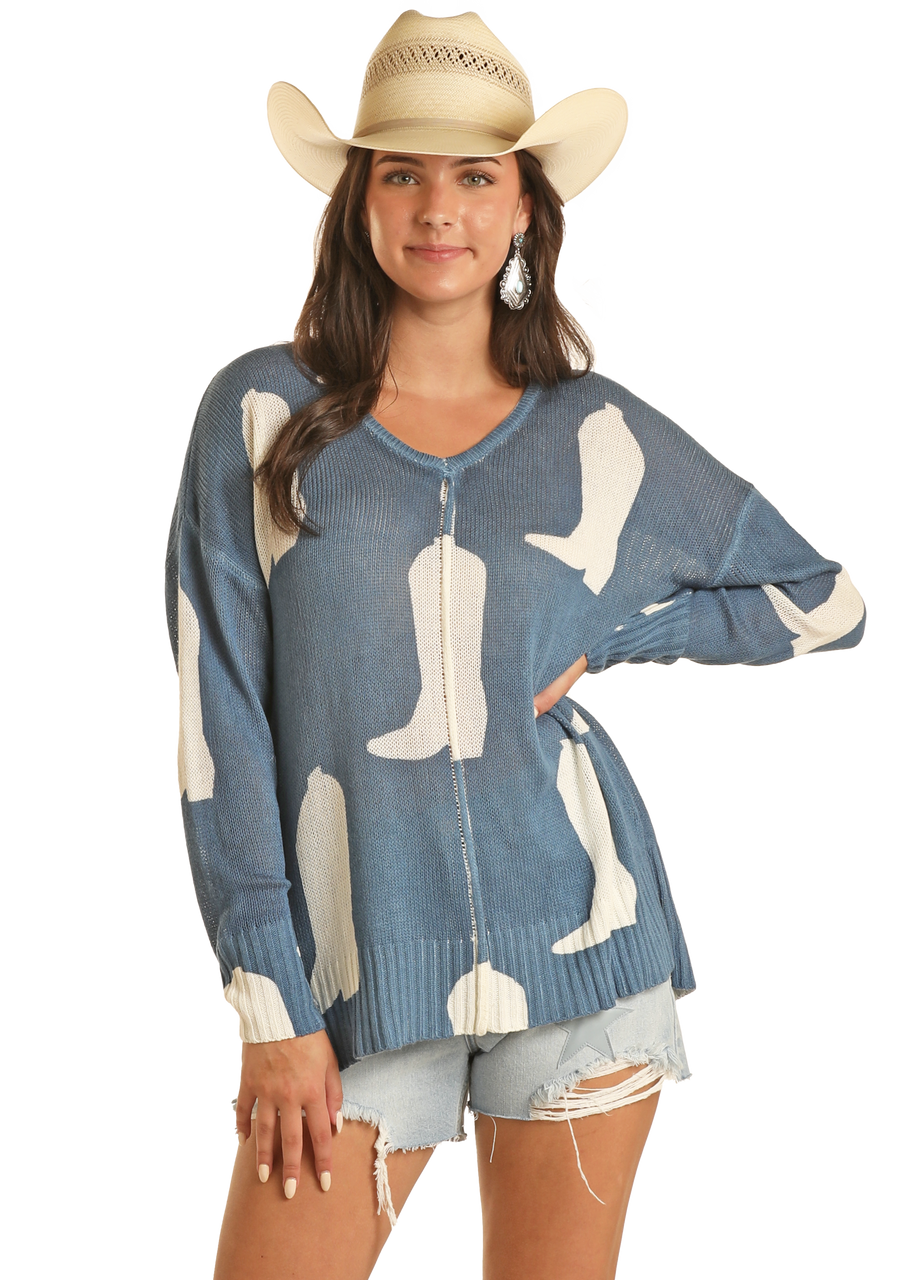 Ladies Rock & Roll Denim Boot Print Sweater - BW32T03912 - FINAL SALE