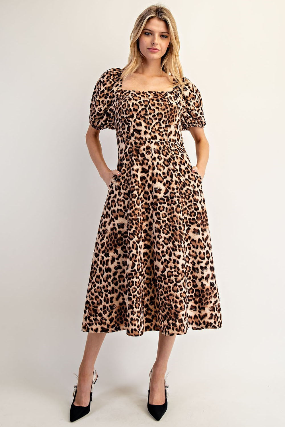 Ladies EESome Leopard Puff Sleeve Square Neck Midi Dress