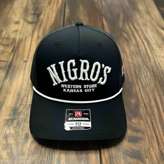 Nigro's Richardson 112 "Nigro's" White Arch Solid Black Cap Black Rope - NBC 3