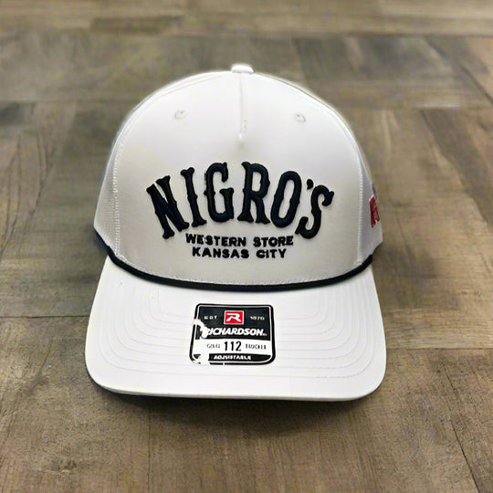 Nigro's Richardson 112 "Nigro's" Black Arch Solid White Cap Black Rope - NBC 4
