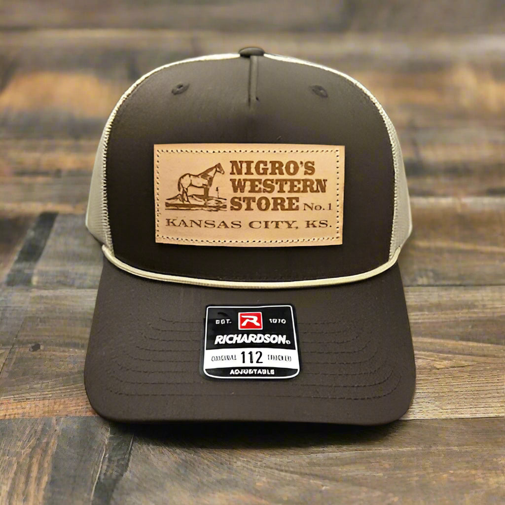 Nigro's Richardson 112 Leather Patch OG Logo Brown Front Khaki Mesh & Rope - NBC 1