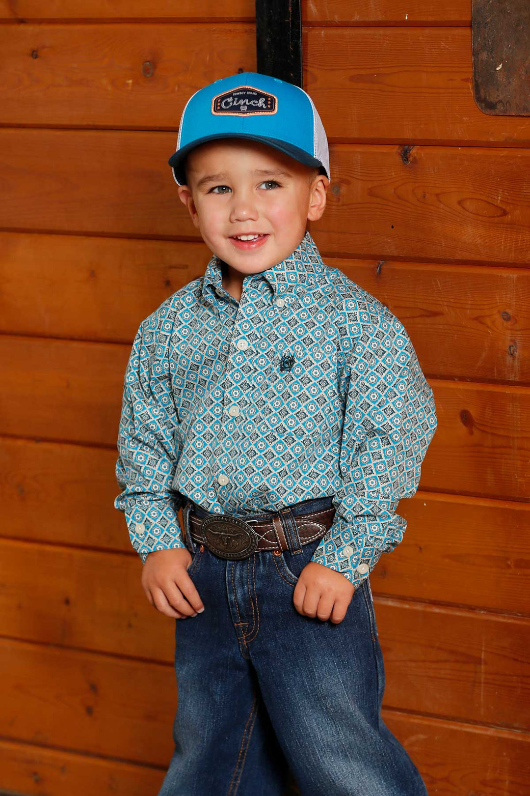 Boys Cinch Geometric Print Button-Down Blue Western Shirt - MTW7061386