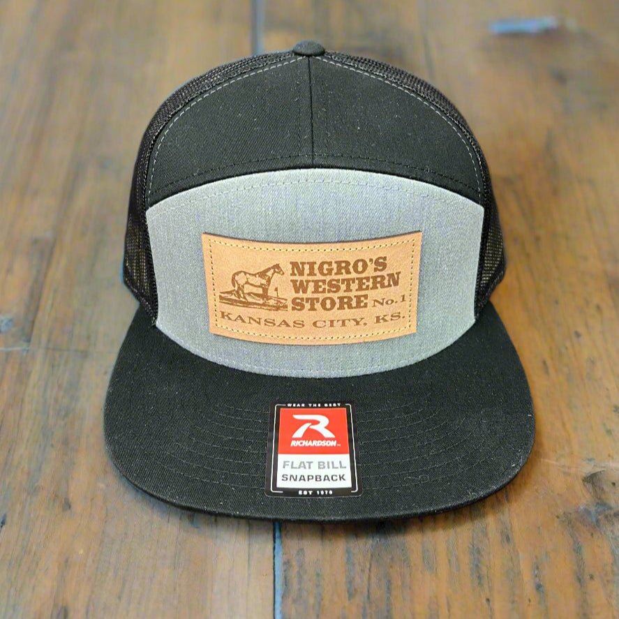 Nigro's Leather Patch Richardson 7 Panel Heather Grey / Black Back Snapback Trucker NBC78