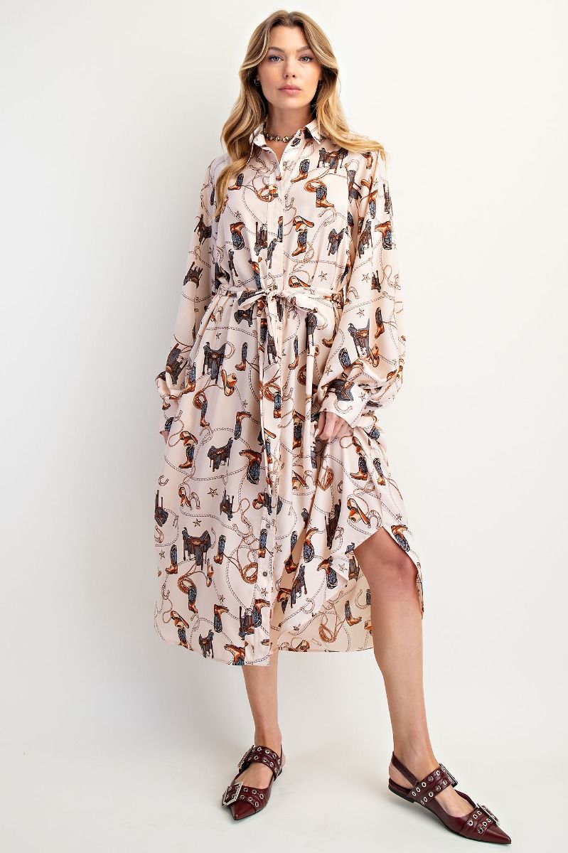 easel shirt dress Ladies Easel Western Printed Satin Button Down Shirt Dress