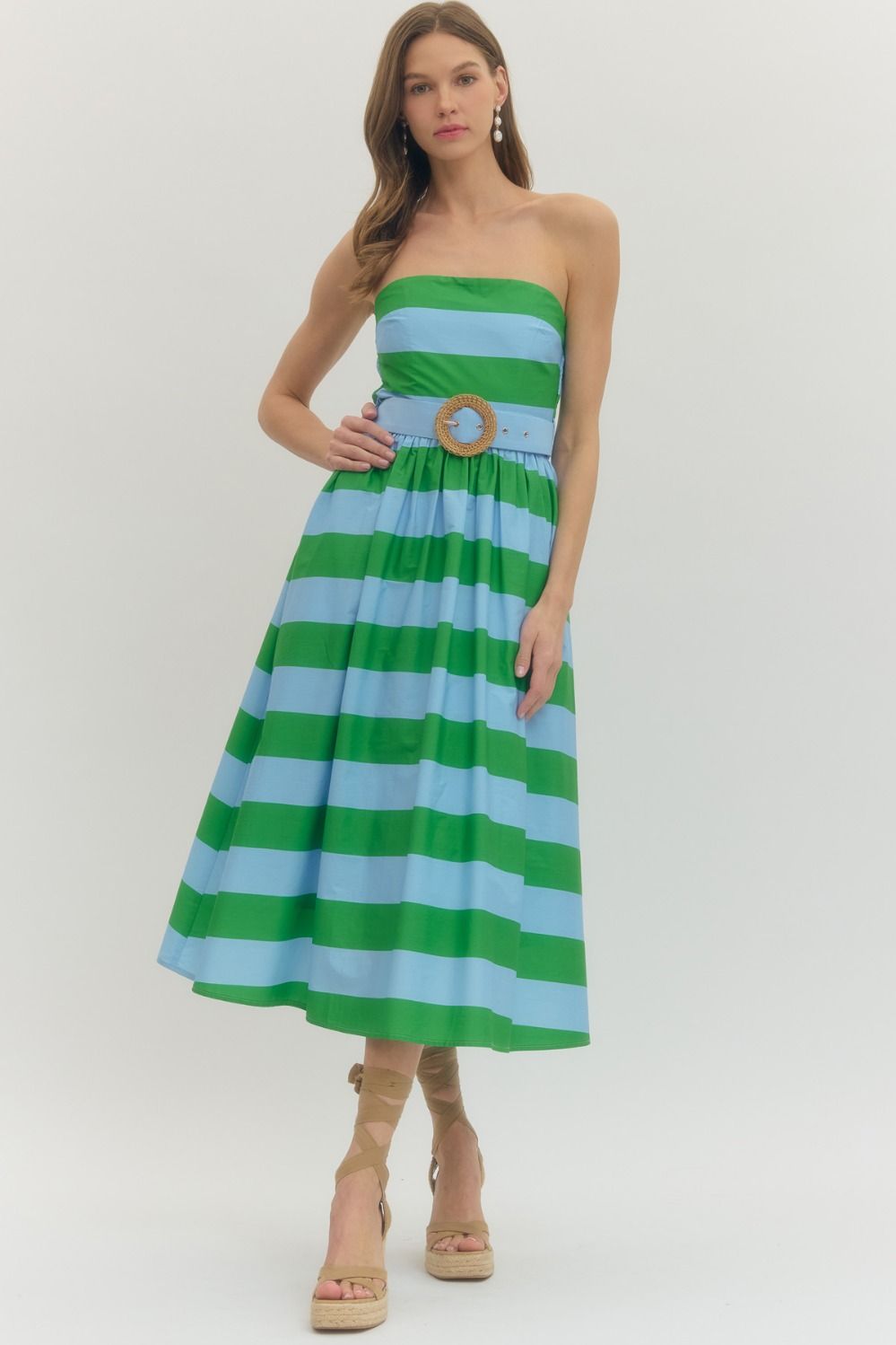 Ladies Entro Green Striped Strapless Midi Dress - D30499