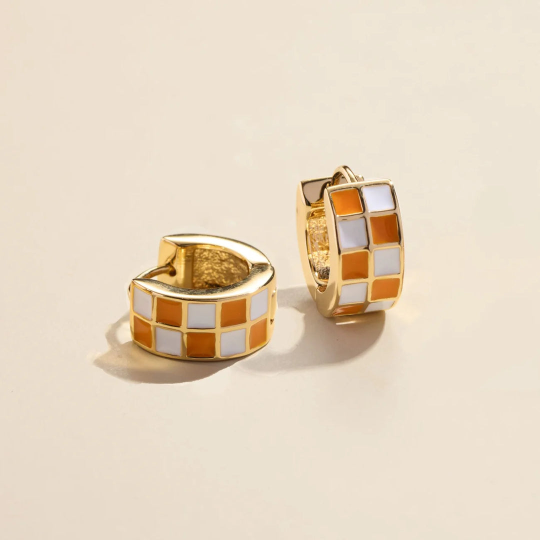 Nickel & Suede Orange & White Checkered Enamel Huggies