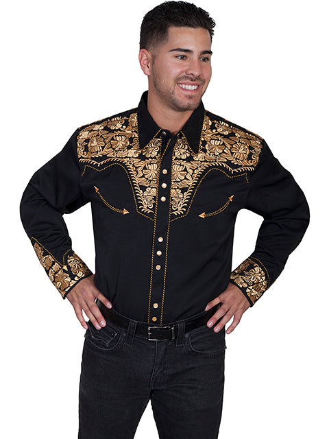 Scully Men's Gold Embroidered Gunfighter Long Sleeve Western Shirt- P634 GLD