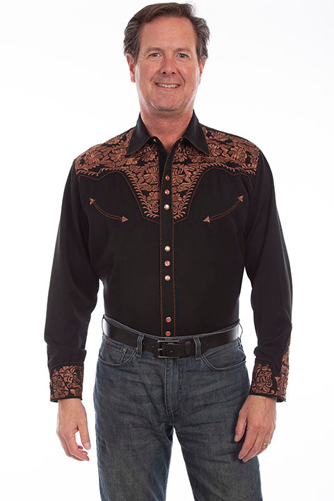 Men's Scully Floral Tooled Embroidered Long Sleeve Snap Shirt - P634 BLK