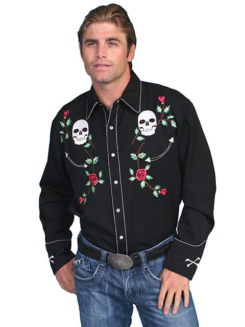 Scully Men's Skulls and Roses Western Shirt - P771 BLK
