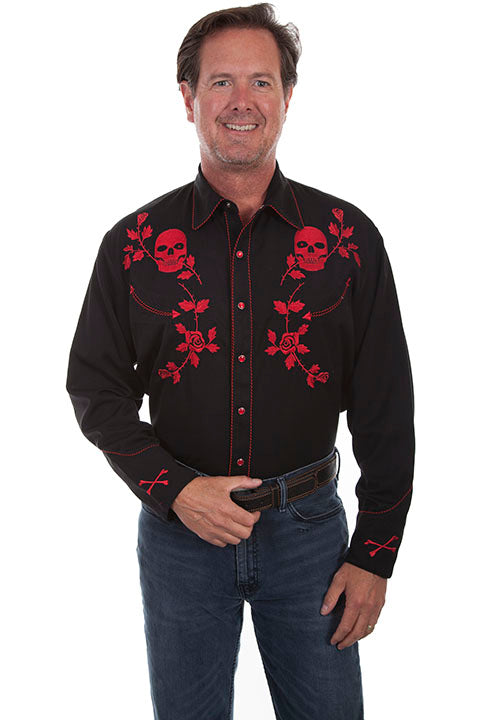 Men's Scully Crimson Skulls and Roses Western Shirt - P771 RED