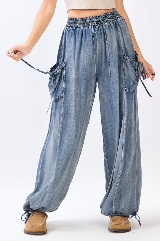 Mitto Shop WASHED CHAMBRAY ADJUSTABLE ANKLE DROP POCKET PANTS - P70729