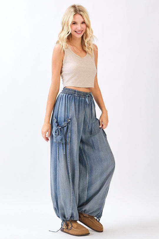 Mitto Shop WASHED CHAMBRAY ADJUSTABLE ANKLE DROP POCKET PANTS - P70729