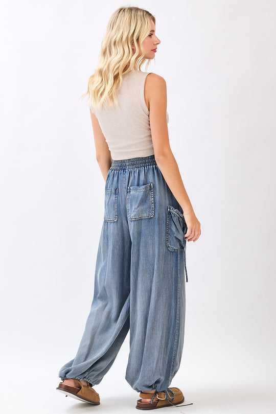 Mitto Shop WASHED CHAMBRAY ADJUSTABLE ANKLE DROP POCKET PANTS - P70729