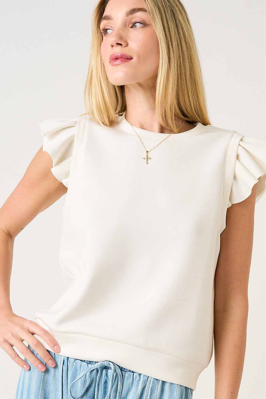 Mitto Shop FLUTTER SLEEVE PREMIUM KNIT TOP - C15696