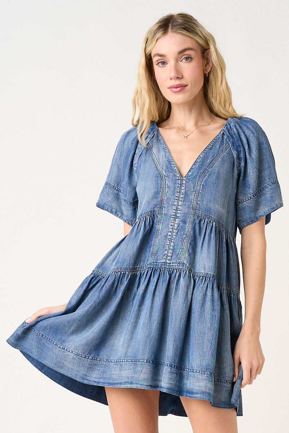 Ladies Mitto Shop Chambray V-Neck Puff Shoulder Mini Dress - G43556