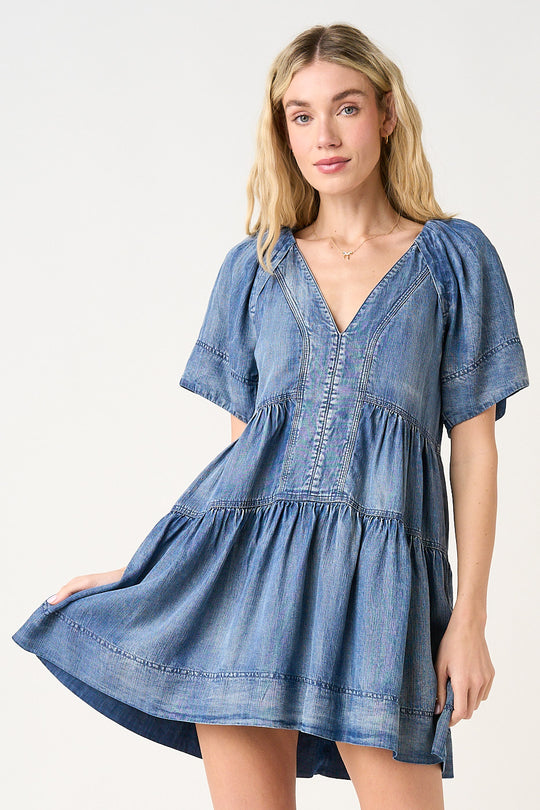 Ladies Mitto Shop Chambray V-Neck Puff Shoulder Mini Dress - G43556