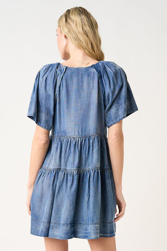 Ladies Mitto Shop Chambray V-Neck Puff Shoulder Mini Dress - G43556