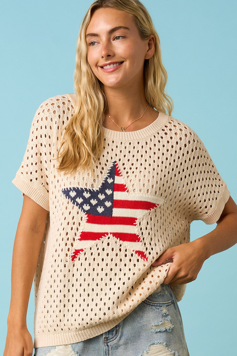 Ladies Mitto Shop USA STAR PATCH OPEN KNIT SHORT SLEEVE SWEATER TOP - G20895