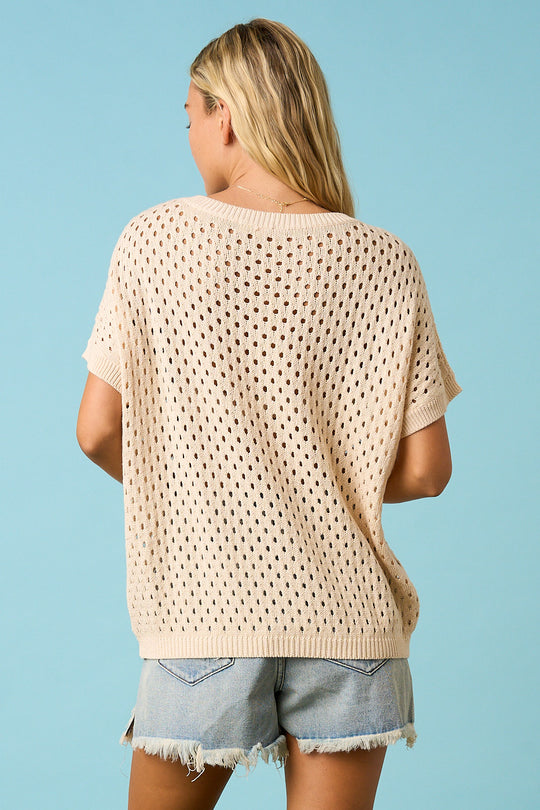 Ladies Mitto Shop USA STAR PATCH OPEN KNIT SHORT SLEEVE SWEATER TOP - G20895