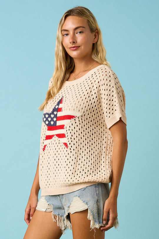 Ladies Mitto Shop USA STAR PATCH OPEN KNIT SHORT SLEEVE SWEATER TOP - G20895