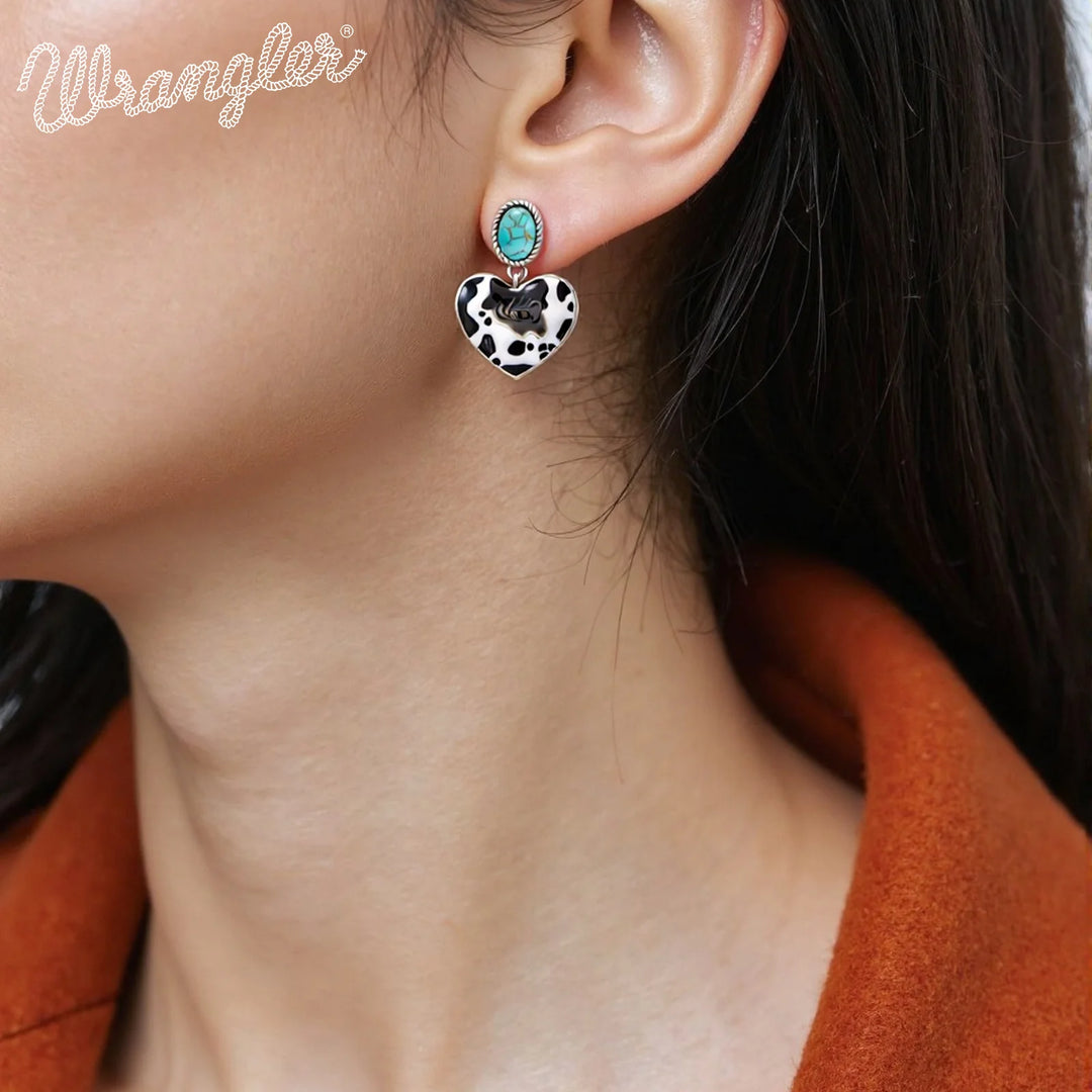 Wrangler Silver Cow Print Heart Shape Dangling Earrings - Turquoise