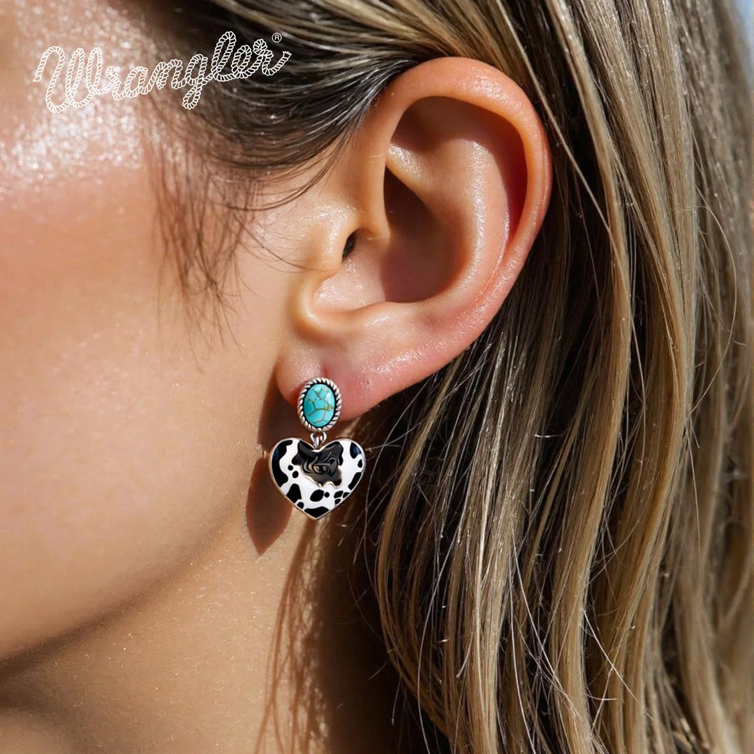 Wrangler Silver Cow Print Heart Shape Dangling Earrings - Turquoise