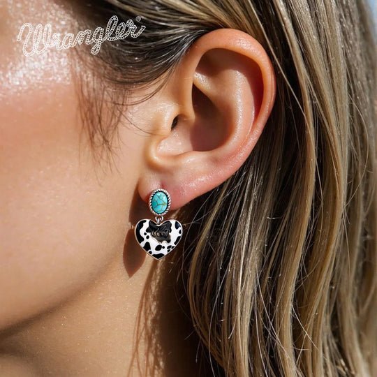 Wrangler Silver Cow Print Heart Shape Dangling Earrings - Turquoise