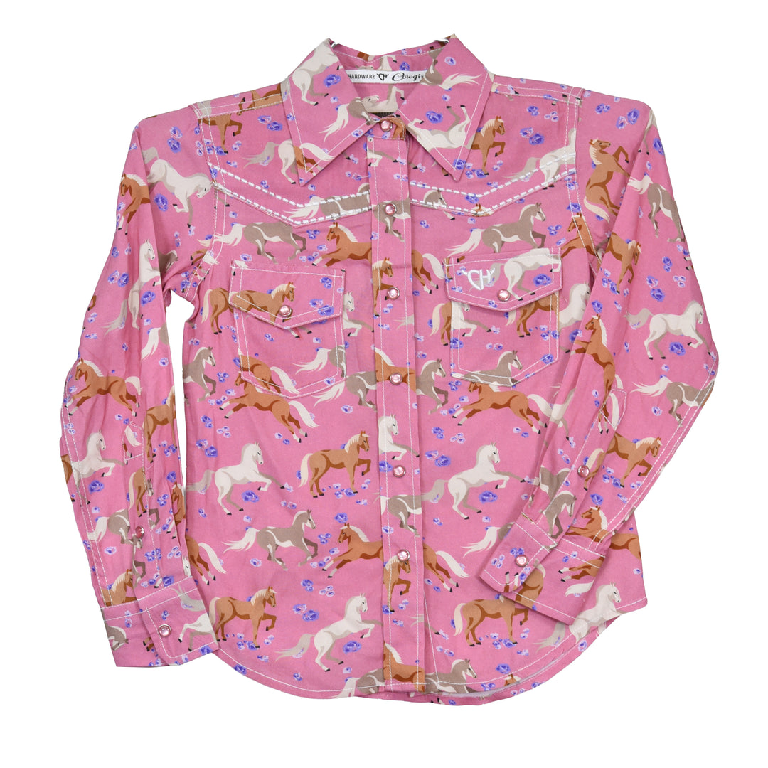 Girl's Cowboy Hardware Pink "Horse Flowers" Long Sleeve Western Shirt - 425694