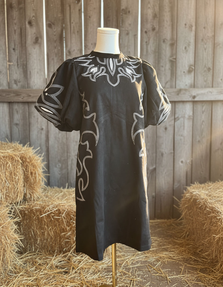 Ladies THML Puff Sleeve Embroidered Suede Dress - WCT3455