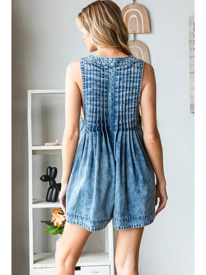 Veveret Front Pleated V Neck Sleeveless Denim Romper - VD71971
