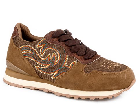 Ladies Roper Brown Cow Suede And Western Stitch