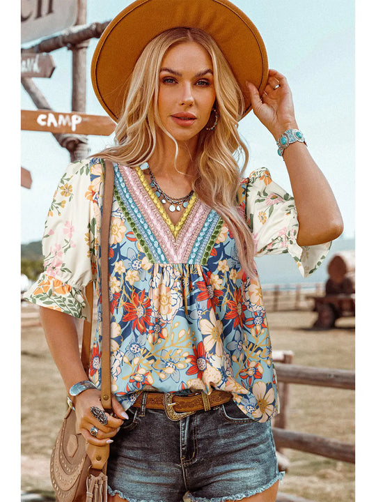 Ladies Fashion Works Crochet Boho Half & Long Sleeve Floral Blouse