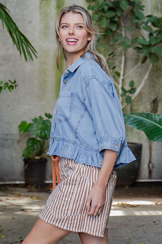 Ladies EESOME Ruffled Hem Button Down Denim Top - TH15379