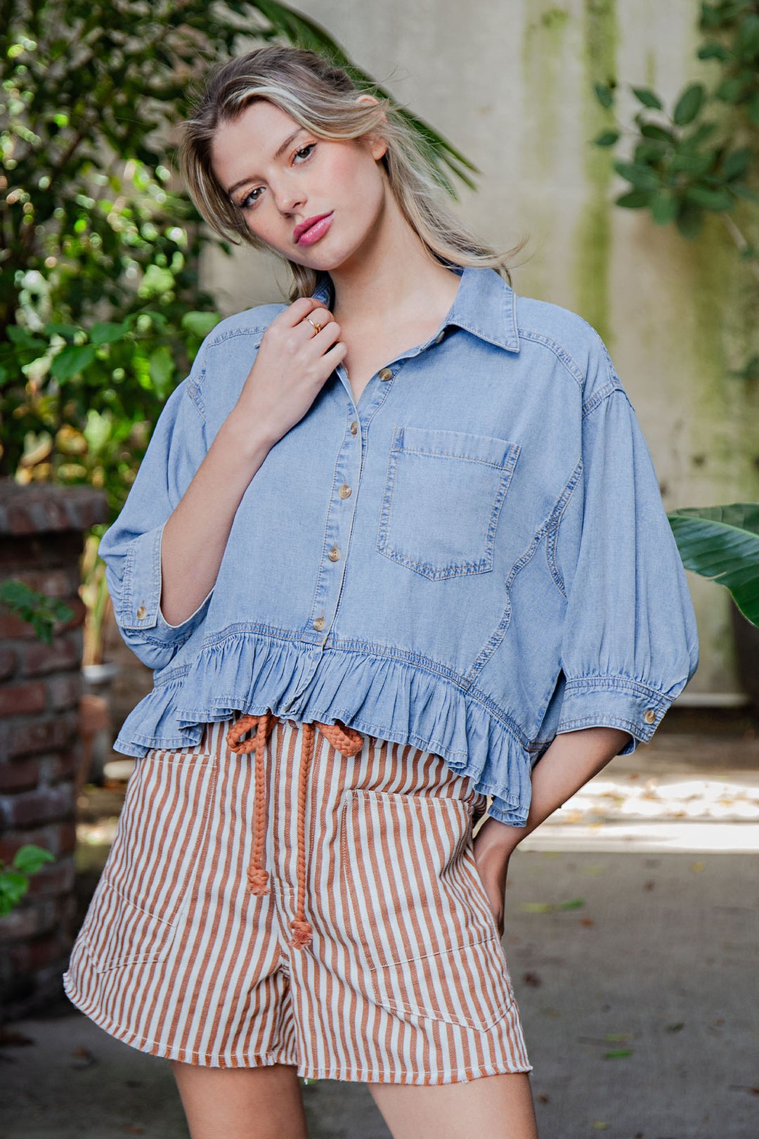 Ladies EESOME Ruffled Hem Button Down Denim Top - TH15379