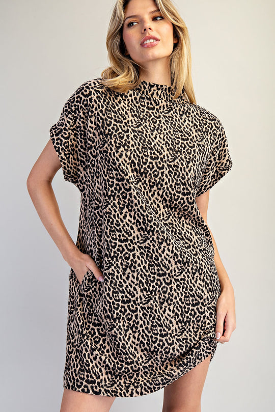 Ladies EESOME Leopard Print Mock Neck Mini Dress - DK16034
