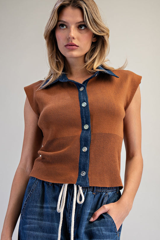 Ladies EESome Denim Contrast Cap Sleeve Knit Top - SH15417