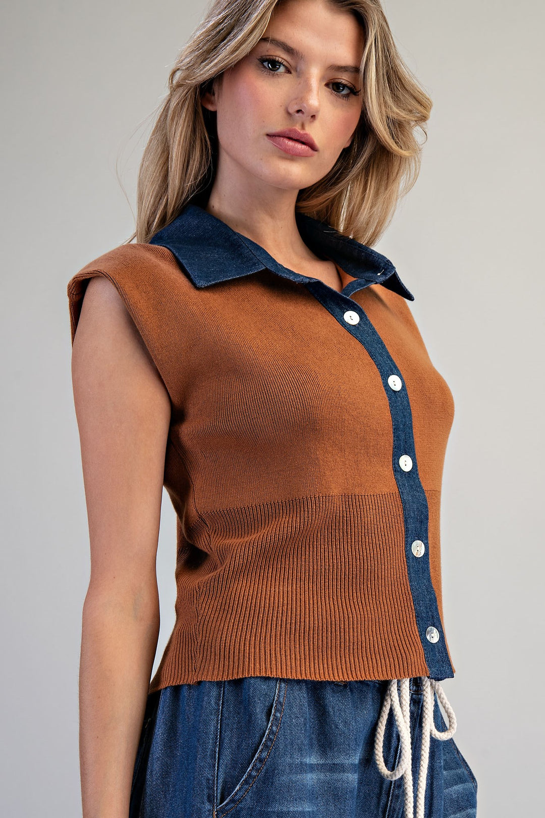 Ladies EESome Denim Contrast Cap Sleeve Knit Top - SH15417