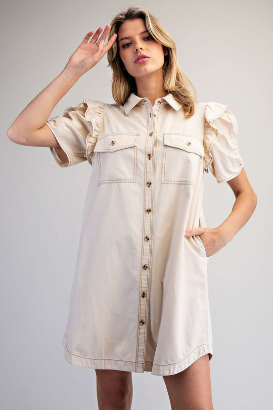 Ladies EESOME Mineral Washed Ruch Sleeve Mini Dress - DH15569