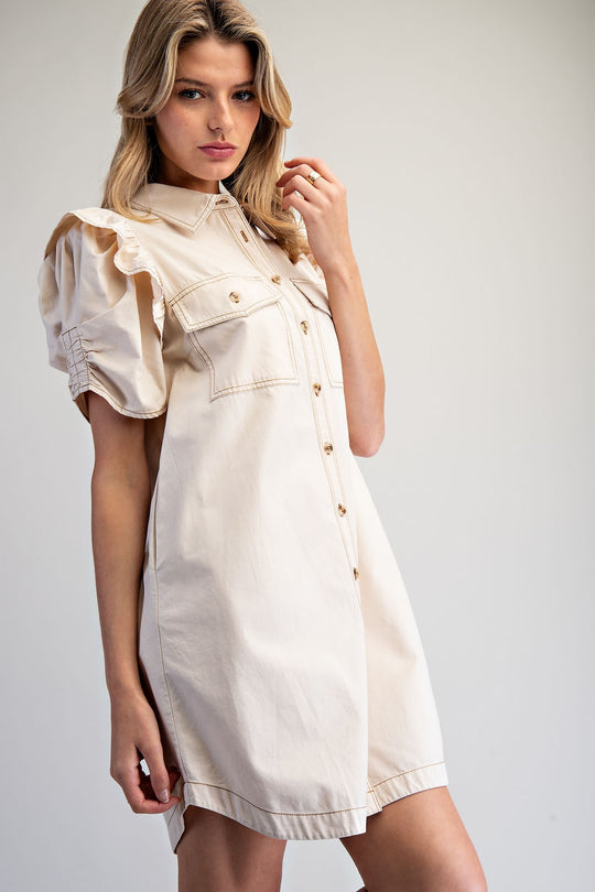 Ladies EESOME Mineral Washed Ruch Sleeve Mini Dress - DH15569