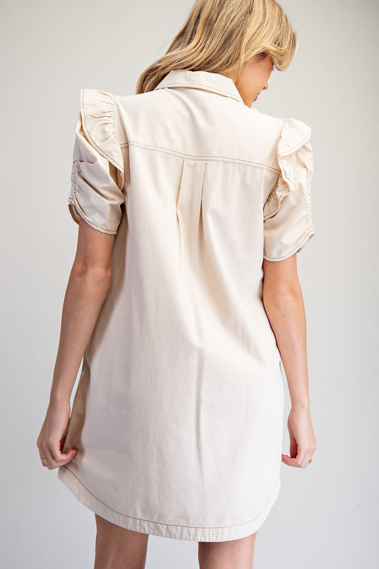 Ladies EESOME Mineral Washed Ruch Sleeve Mini Dress - DH15569