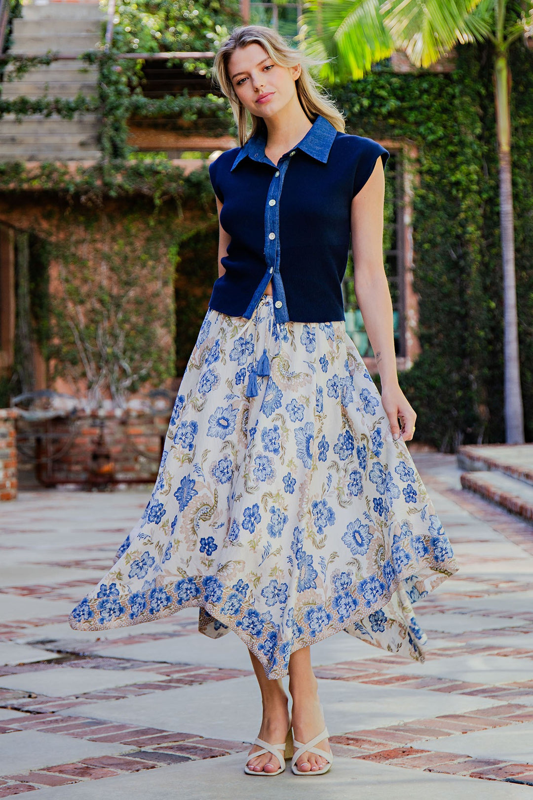 Ladies EESOME Floral Print Handkerchief Hem Midi Skirt - SHS15598